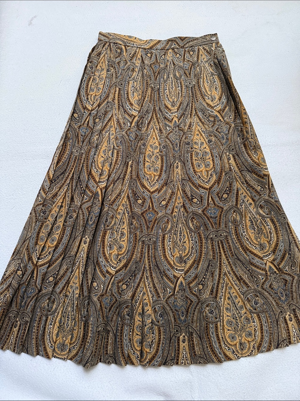 Jaeger 100% wool pleated Paisley Midi Skirt in Mustard Brown made in 🇬🇧 00 0 XS